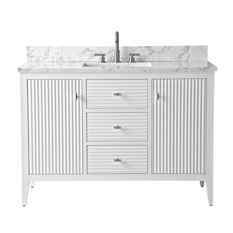 Meuble-lavabo simple 48 po avec plateau en marbre, Blanc, Nickel brossé