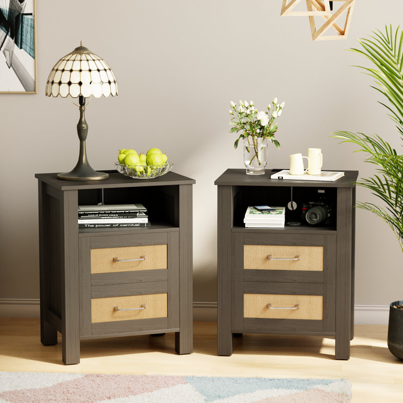 Rattan Nightstands With Charging Station,modern Bedside Stand For Bedroom, Gray, 2