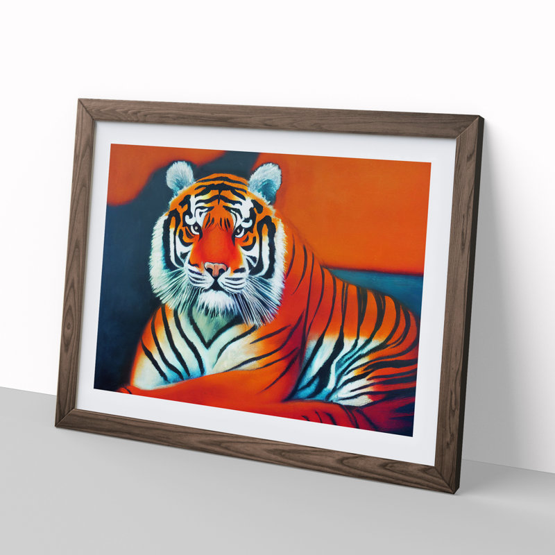 Striking Tiger - Single Picture Frame Print, 34cm H x 46cm W x 2cm D, Walnut