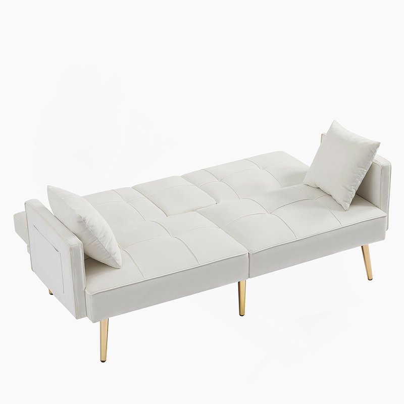 Luxueux canapé-lit en velours convertible avec pieds en métal élégants, poches latérales et porte-gobelets pliables pour un confort et une fonctionnalité améliorés
