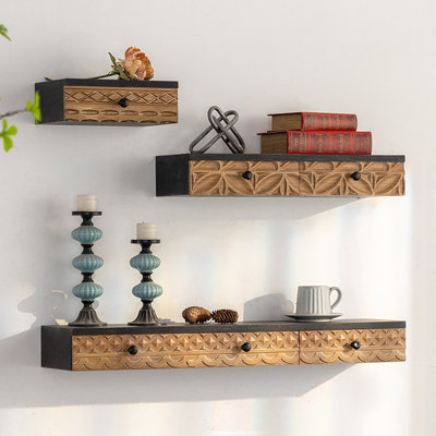 Ensemble de 3 panneaux flottants muraux en bois massif + panneau de fibres à densité moyenne avec tiroirs de rangement pour salle de bain