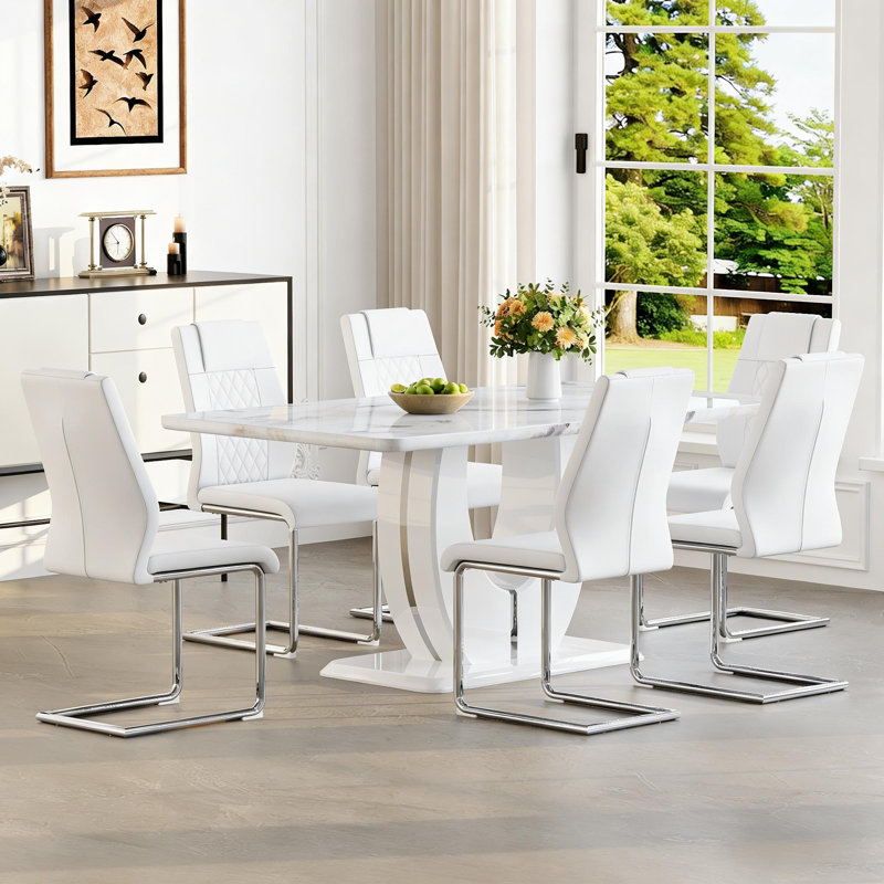 63" Dining Room Table Set,Modern Dining Room Table Set with Faux Leather Chairs, 7 Pieces: Table, 6 Chairs, White