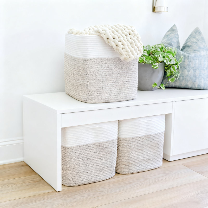 Storage Cube Bins 3-Pack | Woven Cotton Rope Organizer Baskets With Reinforced Handles | Extra Deep Design For Maximized Shelf Storage