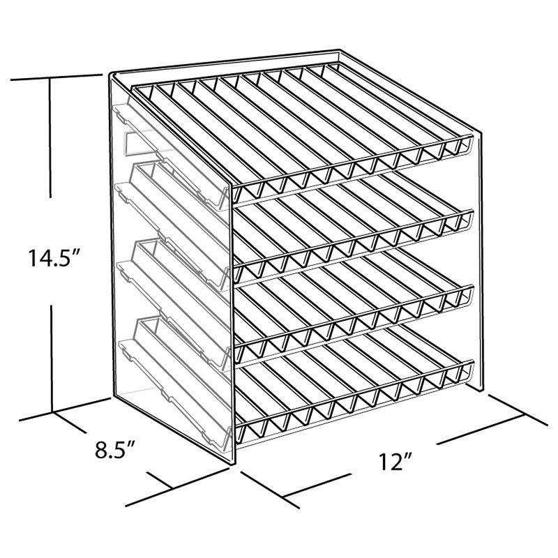 Présentoir à quatre niveaux et 48 compartiments (12 composants par niveau). Dimensions : 30,5 cm (L) x 21,5 cm (P) x 36,8 cm (H).