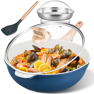 12 Inch Nonstick Ceramic Deep Frying Pan,5.5qt Sauté Pan With Lid,large Skillet With Steam Rack,healthy Jumbo Cooker,stay Cool Handle,induction Compatible, Pfoa & Pfas Free. (blue)