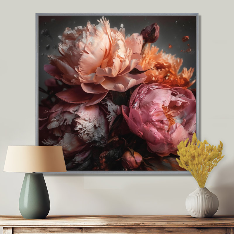 Orange rose, pivoines en fleurs - pivoines, reproduction d'art sur toile encadrée, H 36 po x l 36 po, Cadre argenté flottant