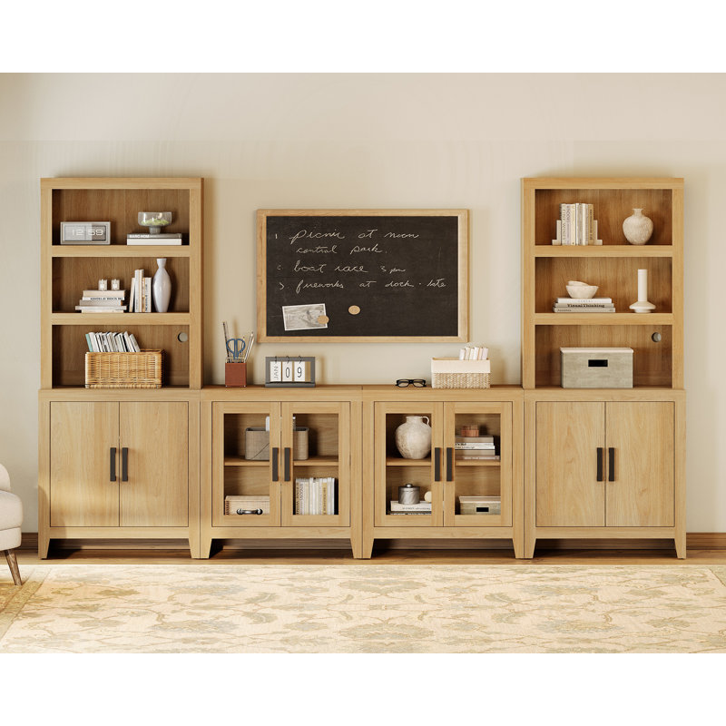 Entertainment Center With Bookshelves, 4-Piece Modular TV Stand With Storage Towers, Farmhouse Media Console With Glass Doors For Living Room, Bedroom, Oak