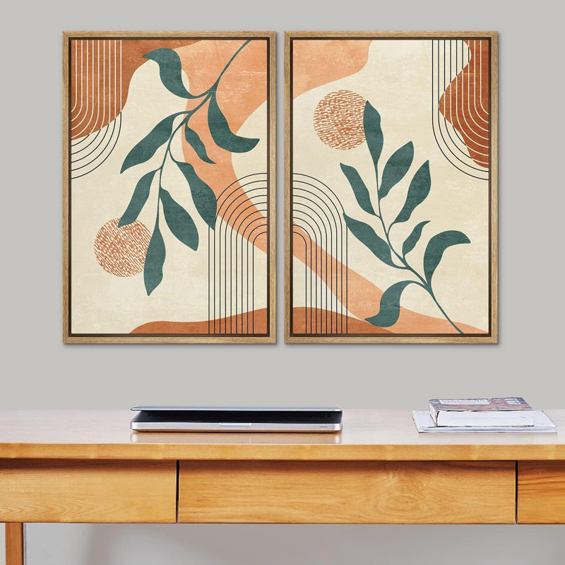Arbre de style Mid-Century, plante, paysage, formes abstraites, art moderne, décoration murale bohème, 2 pièces, Naturel