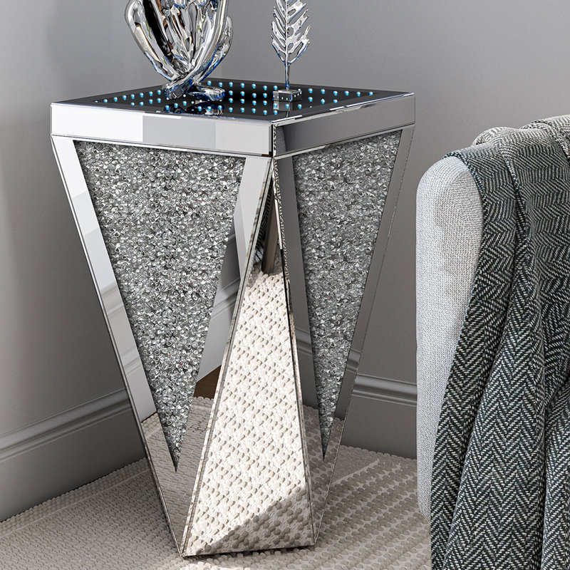 Mirrored End Table with Infinity Lights and Crushed Diamond, Modern Nightstand Table for Living Room and Bedroom, Office, No
