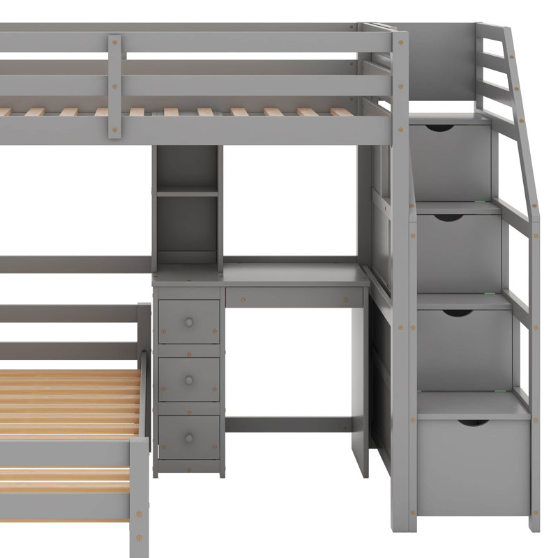 Lit mezzanine simple avec bureau, tablettes et tiroirs, Gris