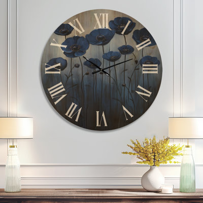 Horloge murale florale « Prairie de coquelicots indigo », impression sur bois