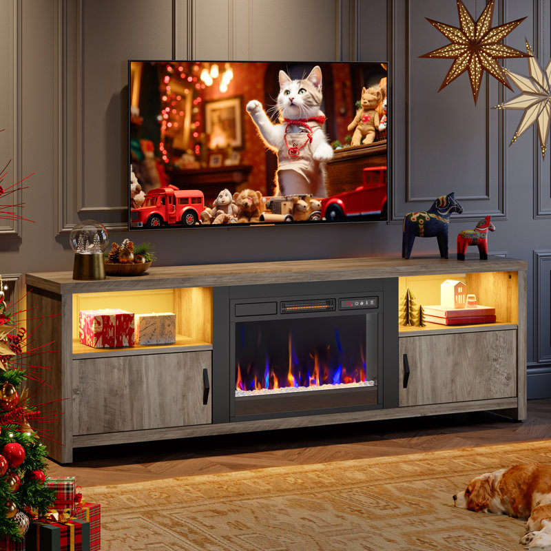 Brahma 71 inch Fireplace TV Stand for TVs up to 75", Fireplace Media Console with LED Lights and Storage Cabinets with Electric Fireplace Included