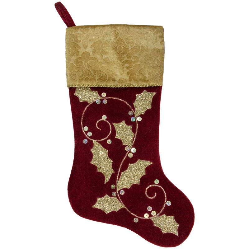 20.5-Inch Gold and Maroon Velvet Christmas Stocking with Etched Cuff