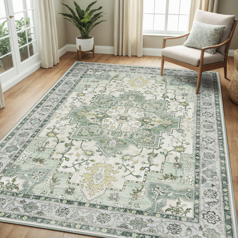 Tapis oriental performance Roehit, Rectangle 6 pi x 9 pi, Jaune / ivoire / vert