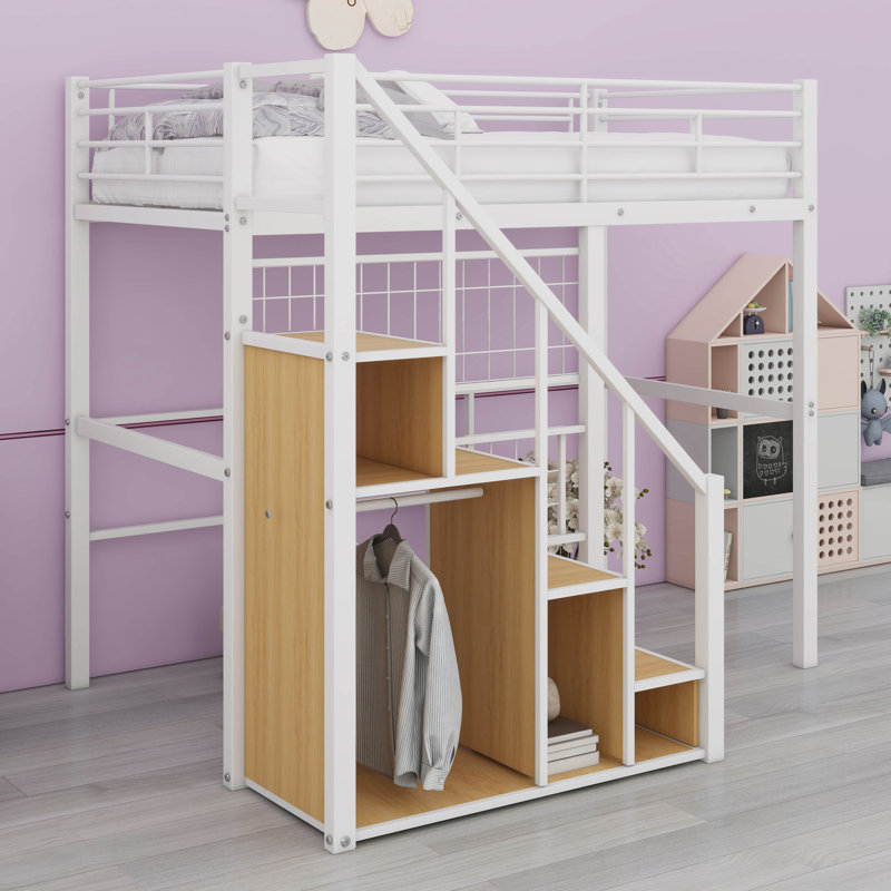 Lit mezzanine simple en métal équipé d'un escalier de rangement et d'une petite armoire, Blanc