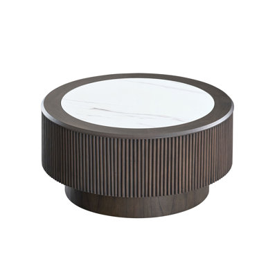 Table basse ronde 31,5 pouces avec motifs de faux marbre et table basse pour salon, petite table avec piédestal robuste, brun foncé