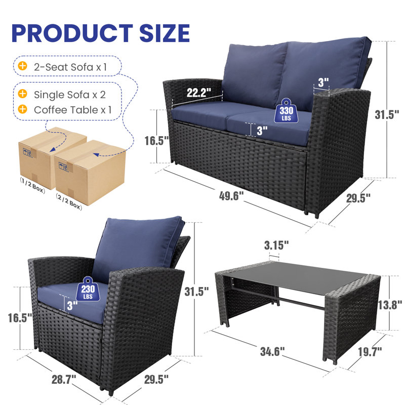 4 Piece Outdoor Patio Furniture Set,Wicker Conversation Sets Outdoor Sectional Patio Sofa Couch With Cushions & Coffee Table For Outside