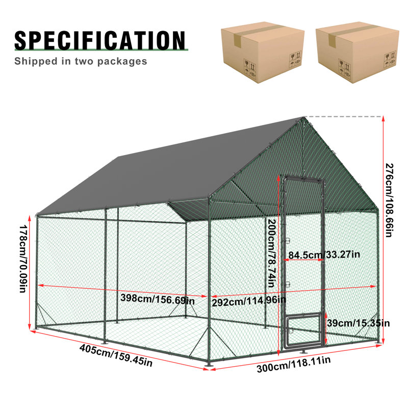 Poulailler en métal antirouille avec cage de volaille Runin, H 109 po x l 118 po x P 159,5 po