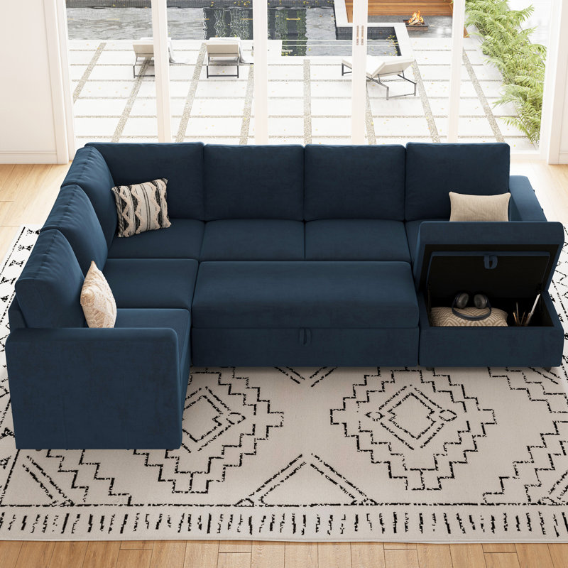 Seybert Pull-Out Sofa Bed Sectional With Storage Ottoman, Blue Velvet