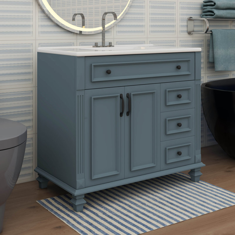 Meuble-lavabo de 36 pouces avec meuble-lavabo avec tiroir escamotable et 3 tiroirs, Bleu gris