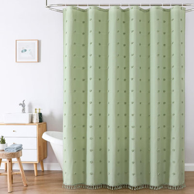 Boho Farmhouse Sage Green Fabric Shower Curtain, 72X72 Tufted Pleat Floral Puffs Textured Tassel Cute Rustic Shower Curtain For Bathroom, Waterproof Morden Shower Curtain With Hooks