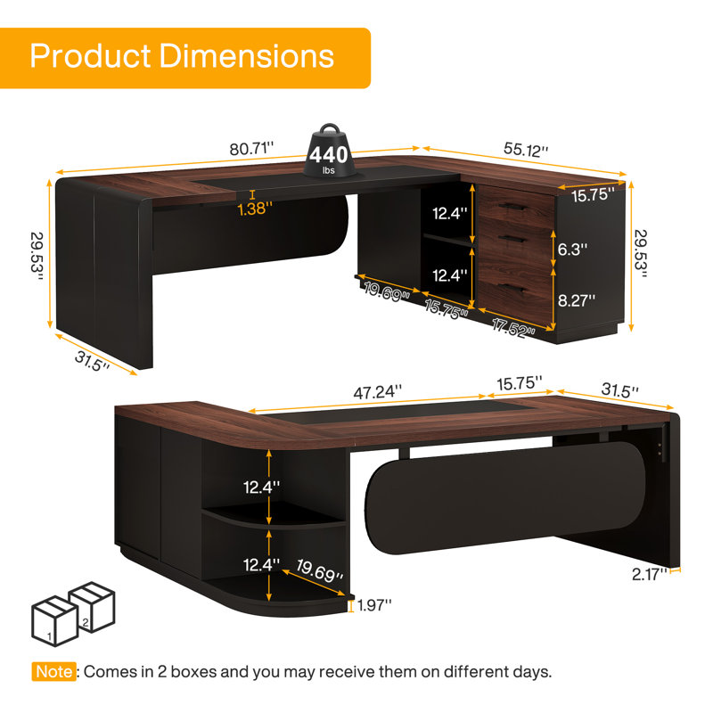 Bureau de direction en L 80,71 pouces, grande table de bureau avec classeur, null