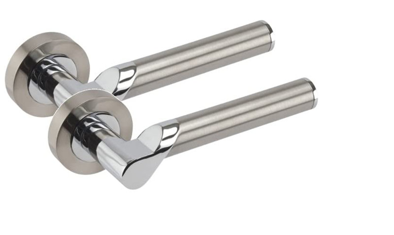 Titan Handles Set on Round Rose in Satin Nickel Finish with 64mm 3 Lever Mortise Lock and Key Hole