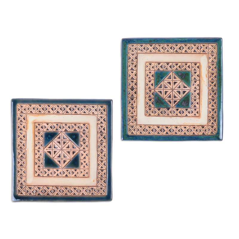 Sous-verre en céramique bleu / beige fait à la main Cosmopolis
