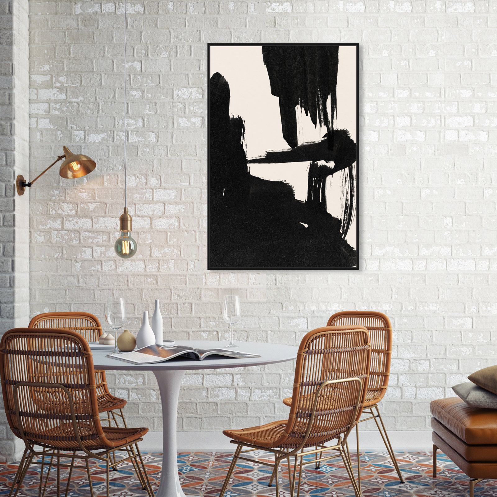 Abstract Black and White Brush Stroke Print, Black, 37" H x 25" W