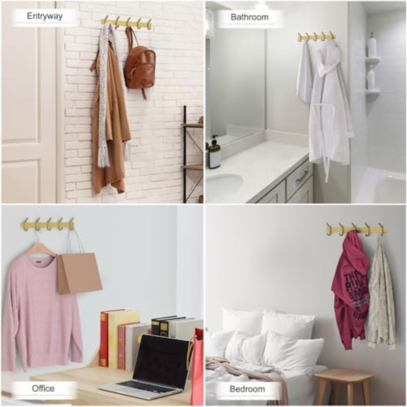 Porte-manteau mural en métal doré brossé – Barre de 38 cm en acier inoxydable avec 5 crochets doubles pour entrée, salle de bain, chambre, cuisine – Porte-manteau moderne doré pour manteaux, chapeaux et serviettes