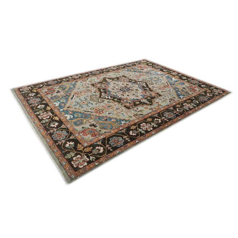Tapis gris en laine noué à la main 10 pi 1 po x 14 pi 1 po, Gris foncé / Bleu, Rectangle 10 pi 1 po x 14 pi 1 po