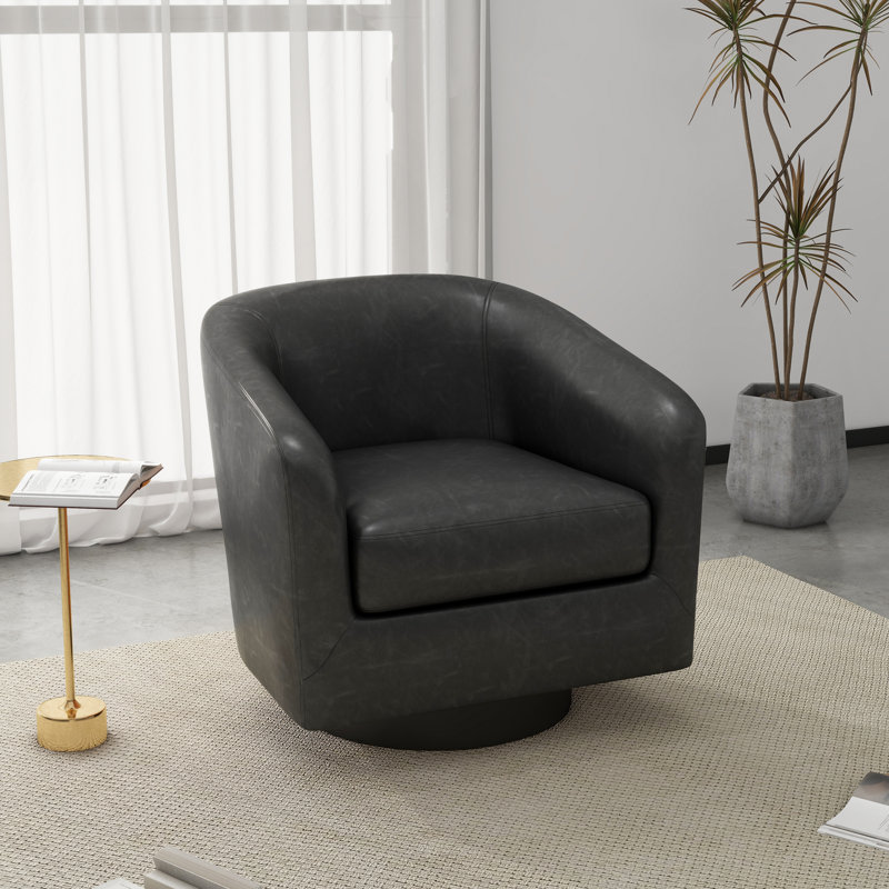 Bennett 73.1 Cm Wide Swivel Barrel Chair, Black Faux Leather