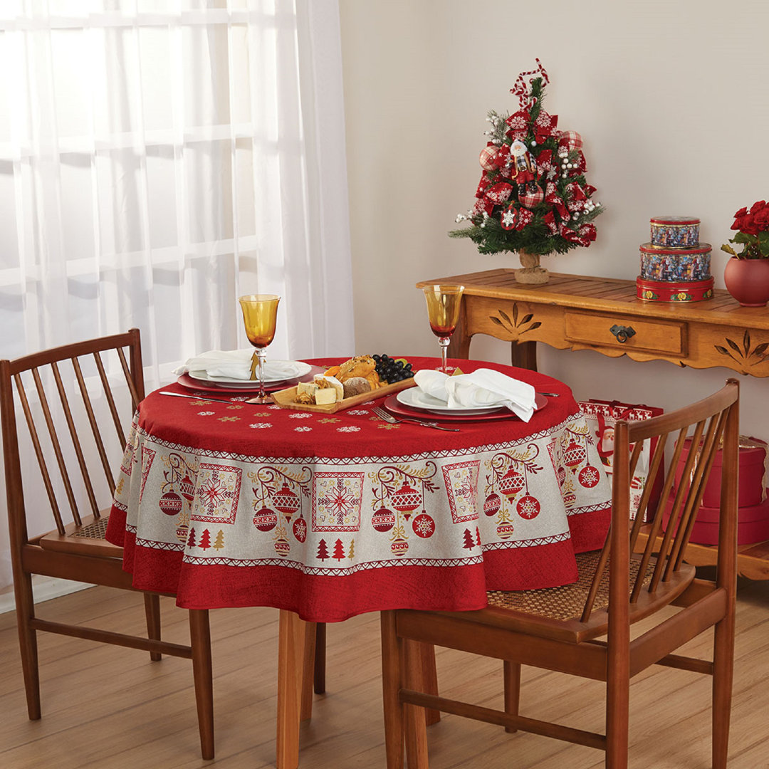 Druv Red Christmas Tablecloth-Mid Century Style Print Of Snowflakes, Pine-tress & Ordainment The Holiday Aisle®
