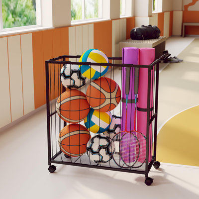 Panier à balles roulant, panier de sport en métal, rangement pour panier de balles, cage à balles pour le garage ou la salle de sport, noir