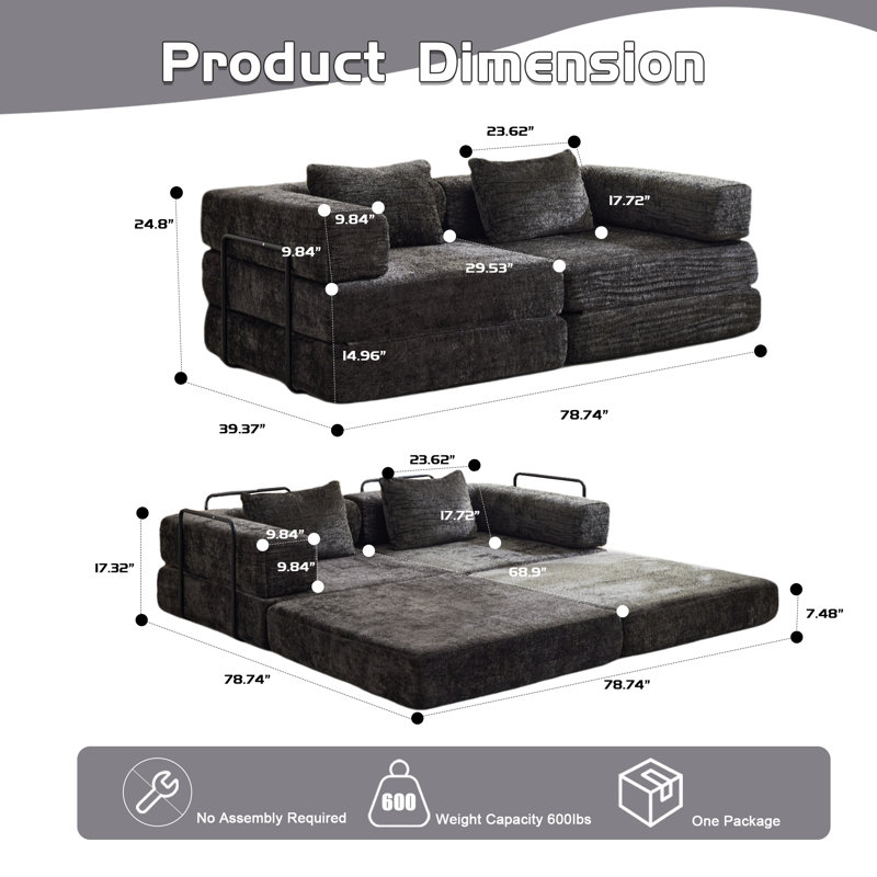 Canapé à compression, canapé-lit à plancher convertible avec structure de forme fixe, canapé modulaire sans os sans causeuse, sans assemblage requis, tissu chenille, pour la chambre du salon, noir