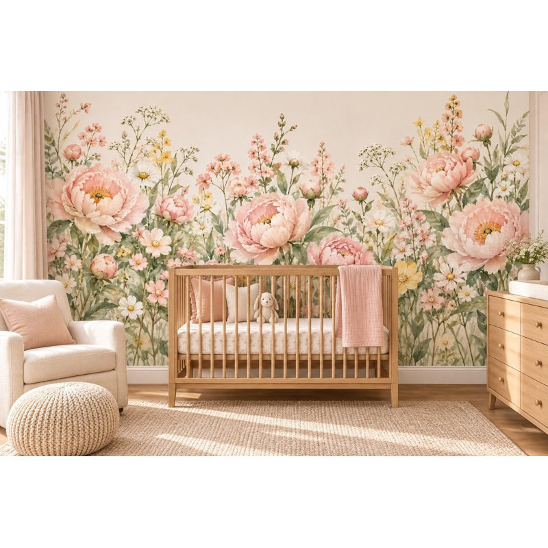 Peony Garden Wallpaper Mural, Peel and Stick Kids Room Wall Mural, Watercolor Flower Garden Nursery Wallpaper, 406 x 254 cm