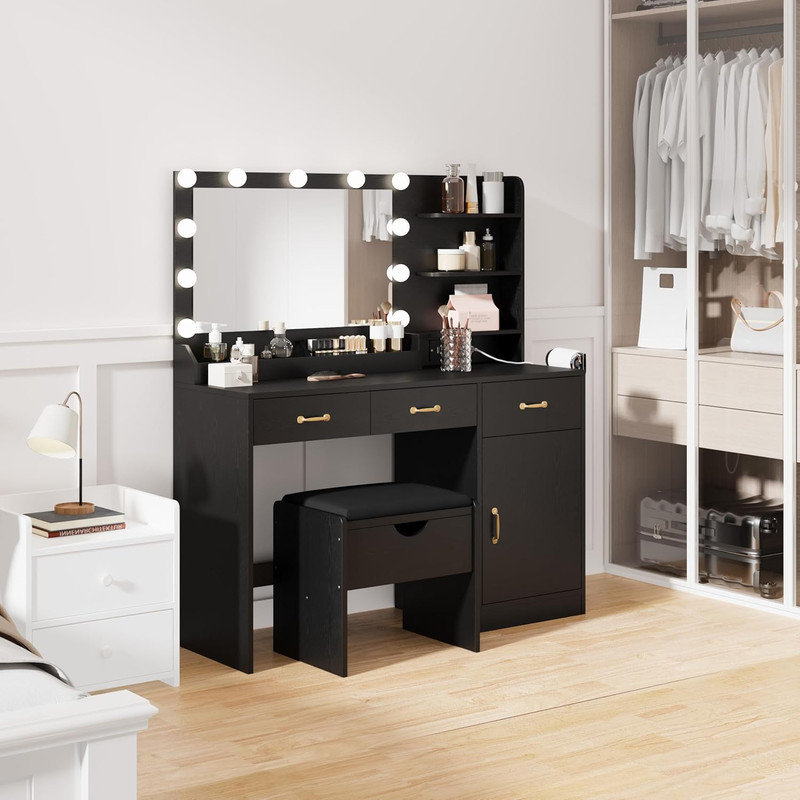 Bureau de meuble-lavabo à DEL avec miroir, 11 ampoules et prise de courant, 3 tiroirs et tablettes de rangement, tabouret rembourré inclus, blanc
