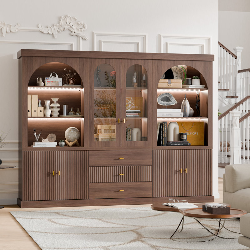 Elegant Wooden Display Cabinet With Glass Doors, Multi-Function Storage With LED Lighting, Large Capacity & Waterproof Finish