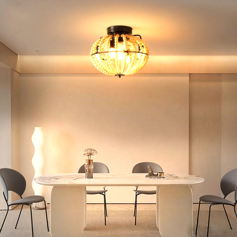 Ventilateur de plafond bohémien en perles de bois avec lumière, ventilateur encastré en cage, ventilateur de maison à profil bas Rustic Farmhouse ((sans ampoules)