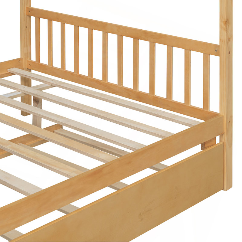Lit double en bois avec lit gigogne simple, Double, Naturel 1
