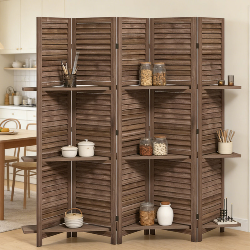 Paravent à 5 panneaux, cloison d'intimité en bois de paulownia massif avec tablettes, grand mur autoportant pour le bureau à domicile et le salon