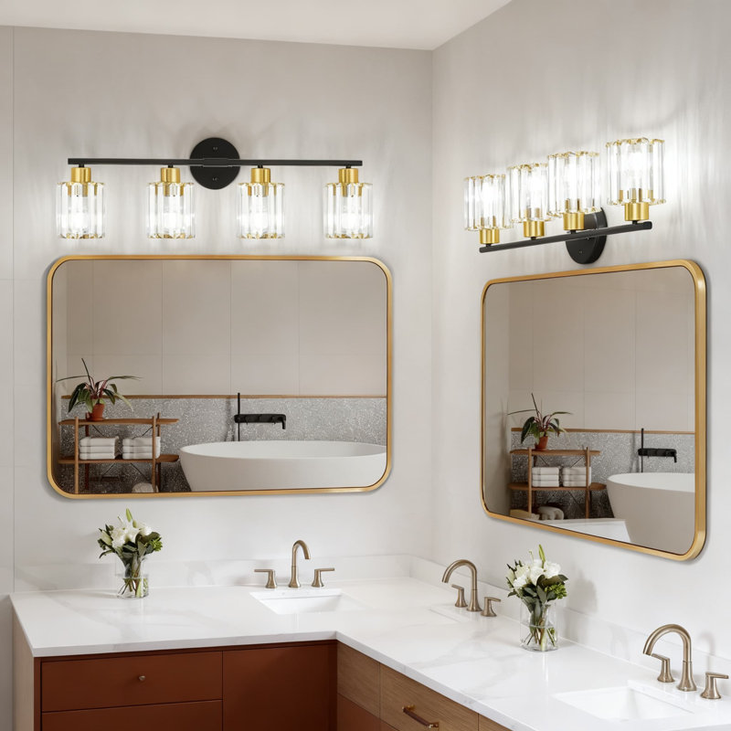 Modern Gold Crystal Vanity Light Fixture, 4-Light Bathroom Lighting For Mirror With Ceramic E26 Socket, ETL Certified Hardwired Fixture For Restroom And Bedroom