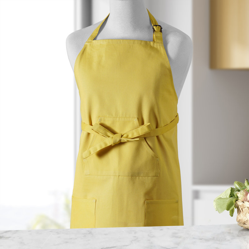 Tablier de cuisine en coton unie pour femme avec poches réglable, Jaune moutarde
