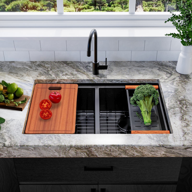 32'' Double Bowl Stainless Steel Undermount Workstation Kitchen Sink, Matte Black