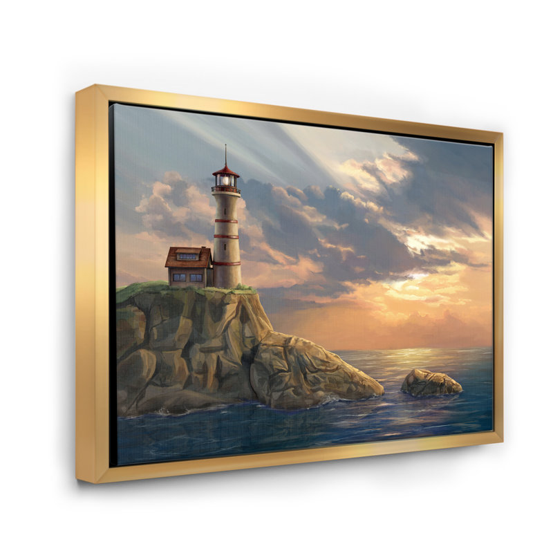 Phare sur une falaise côtière au coucher du soleil - Impression sur toile, H 12 po x l 20 po x p 1 po, Encadrement doré