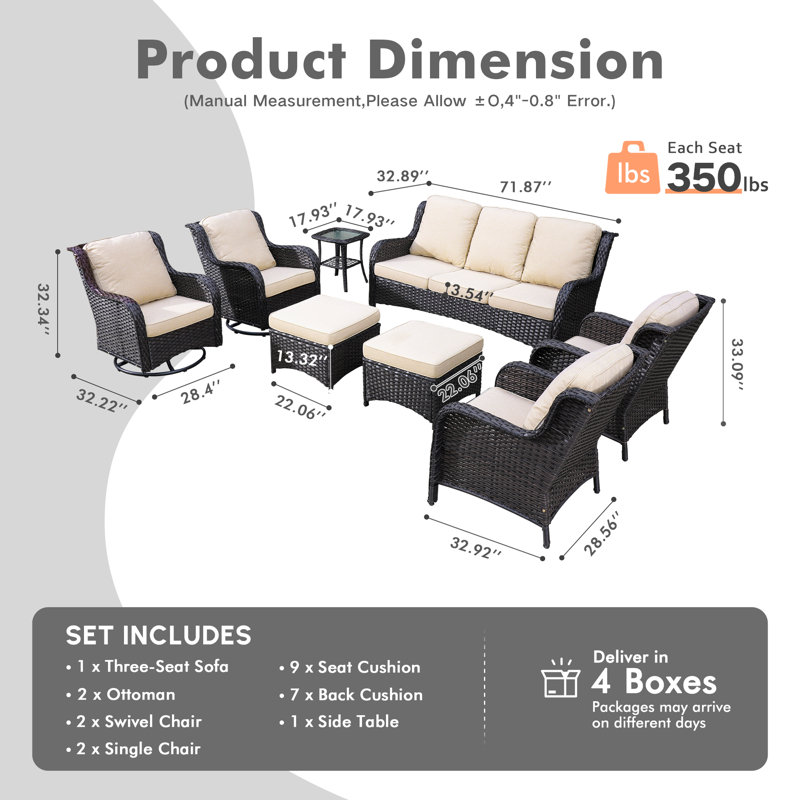 Ensemble de conversation en osier / rotin pour 7 personnes avec coussins, Coussin beige / structure brune