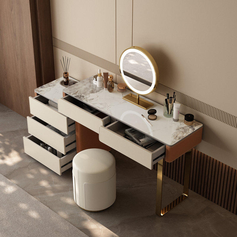 Ensemble de coiffeuse moderne avec miroir et tabouret à DEL, ensemble de bureau de maquillage en cuir de selle, acier inoxydable, panneau de roche, tiroirs de rangement pour la coiffeuse de la chambre à coucher