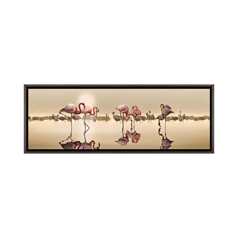 Flamingos by Nasser Osman - Panoramic Print on Canvas, 16'' H x 48'' W x 1.5'' D, Dark Rustic Wood Framed