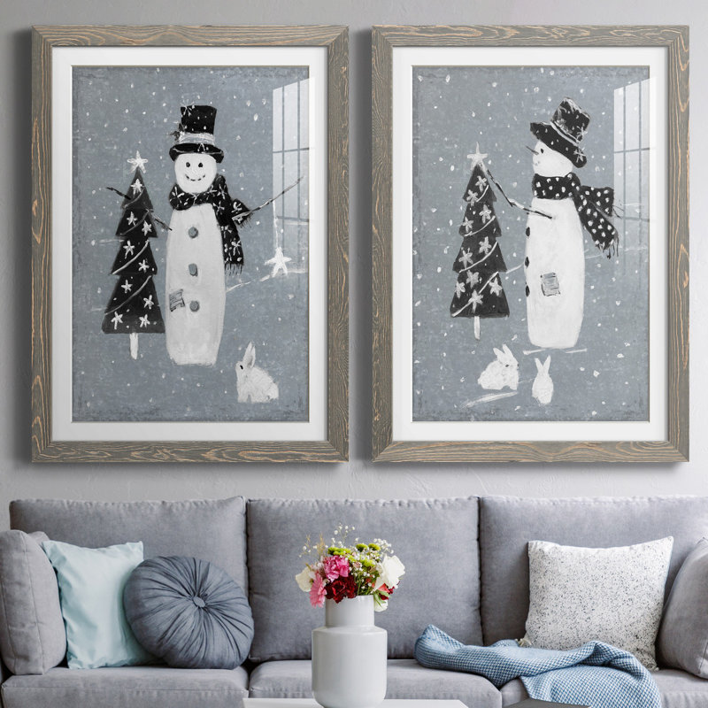 «Snowman Galvanized I», ensemble de 2 reproductions, H 31,5 po x l 47 po x P 1,5 po, Cadre en papier gris, Blanc