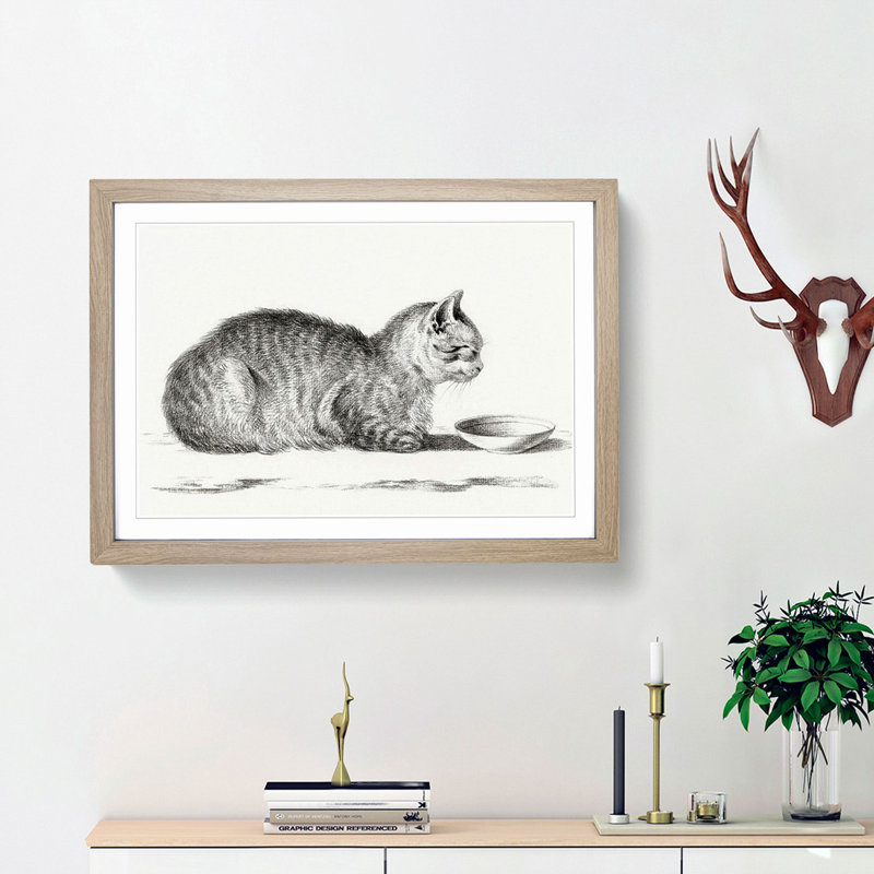 Cat by a Bowl by Jean Bernard - Picture Frame Drawing Print, 27cm H x 36cm W x 2cm D, Oak Framed